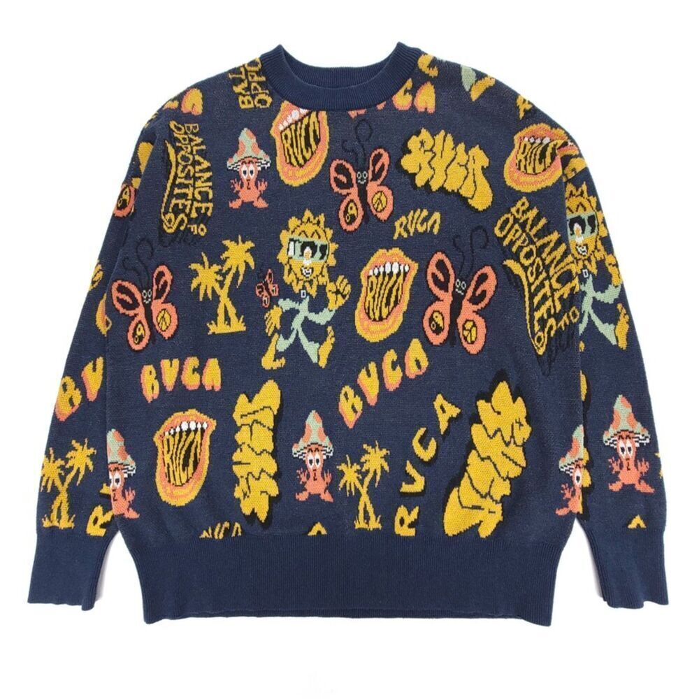 RVCA Scattered Sweater 90s Jacquard Crew Rib Knit Pullover Y2k Streetwear Grunge